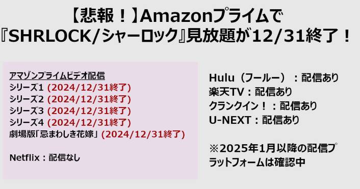 Amazonプライムで『SHERLOCK/シャーロック』の見放題配信が年末に終了
